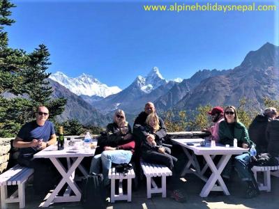 At breakfast with view of Mt. Everest, Lhotse, Nuptse and Amadablam from Syangboche during Everest Heli Tour