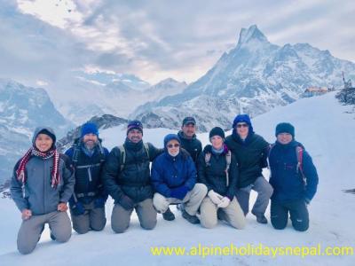 Group Photo at View Point with Mt. Fistail, Mardi Himal, Annapurna I, Annapurna II, Gangapurna Himal in the background. 